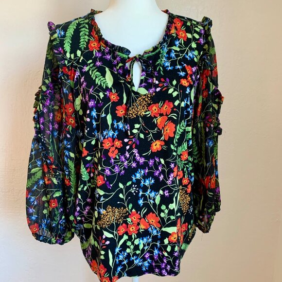 ANTHROPOLOGIE Maeve Jacquin Peasant Blouse Black Floral Ruffle Sleeve Blouse L - Picture 5 of 11